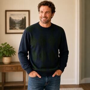 COMO Sport Italy Men’s Argyle Crew Neck Knit Sweater Blue Green Size XL